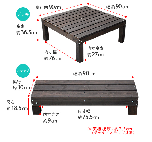 ユニットウッドデッキ Harmonie アルモニー 90×90 3個組 ステップ付