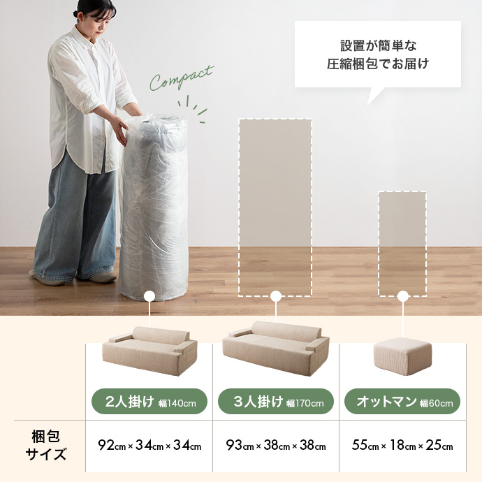 コンパクトな圧縮梱包で、狭めの通路や玄関でも楽々搬入
