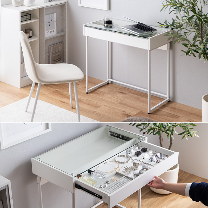 ディスプレイを楽しむ、モダンなガラス天板デスク